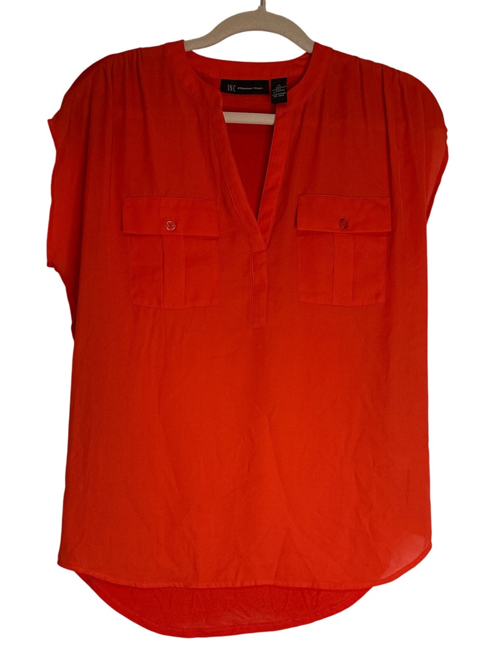INC International Concepts Bright Orange Split V-Neck Cap Sleeve Blouse, Sz M